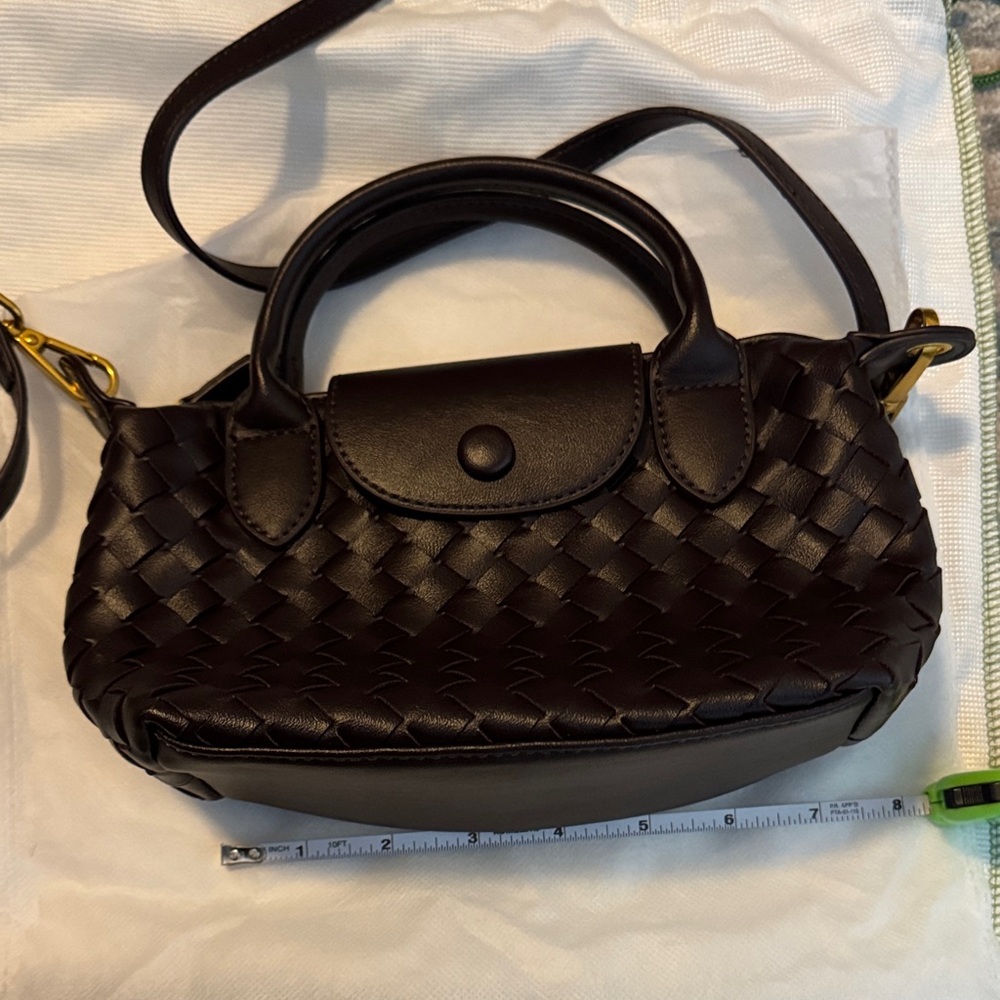 Woven Leather Crossbody Satchel - Dark Brown